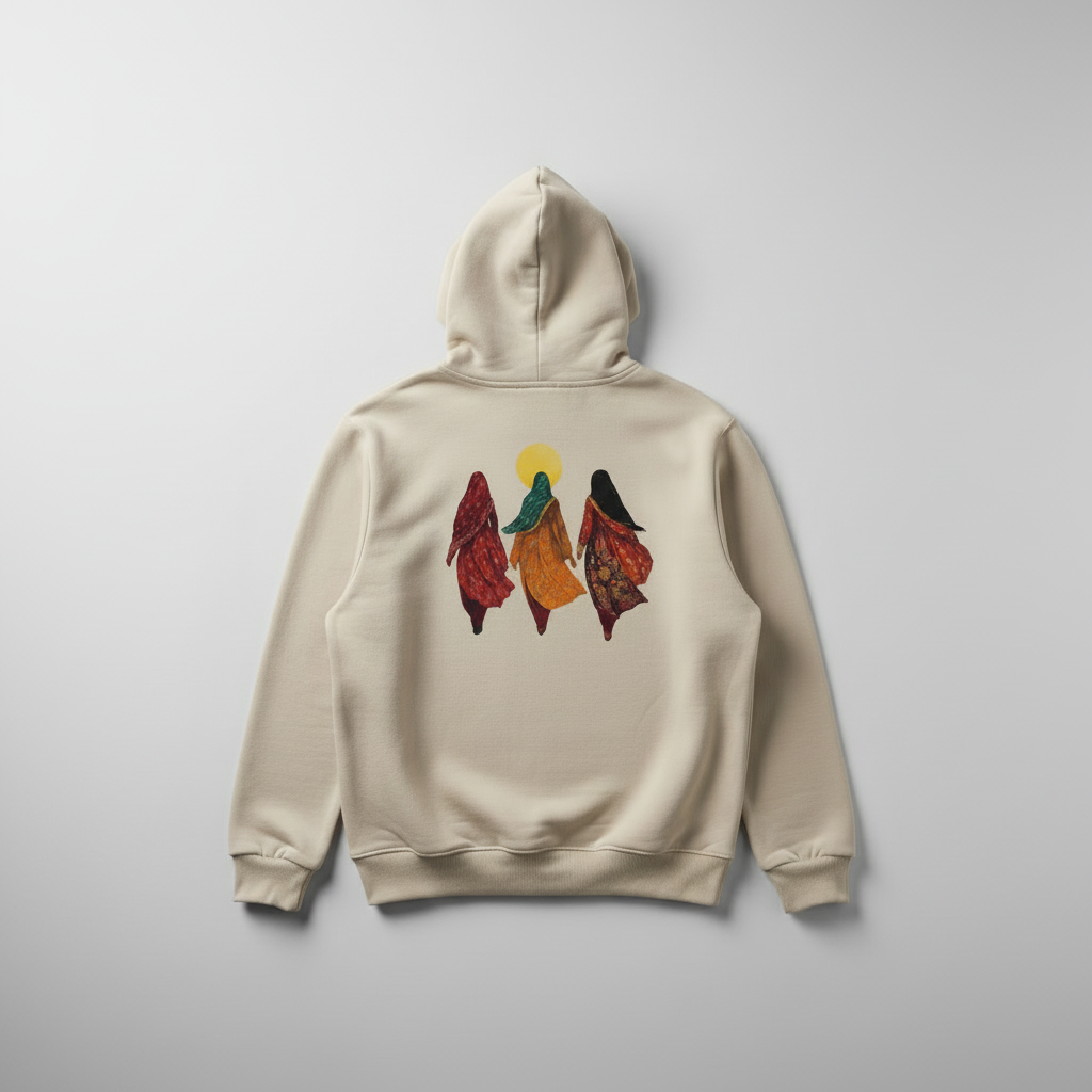 Traditional women sunset art hoodie back design with three women in colorful dress on cream hoodie